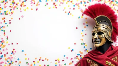 Roman Centurion Mask With Red Plume And Confetti