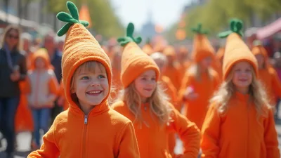 Children Wearing Carrot Costumes In A Parade