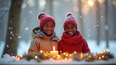 Two Children Smiling Behind A Lit Candle In Winter