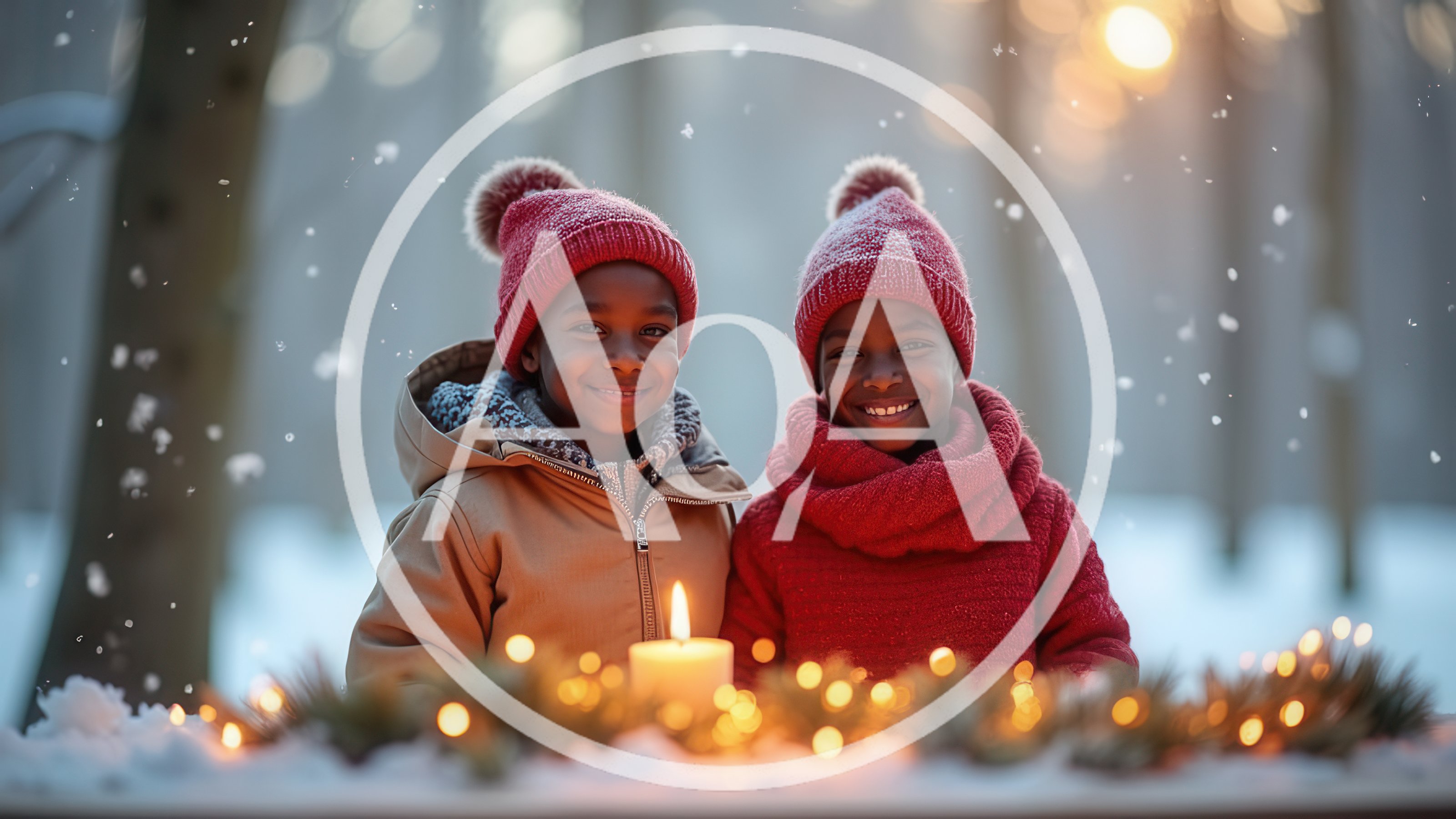Two Children Smiling Behind A Lit Candle In Winter