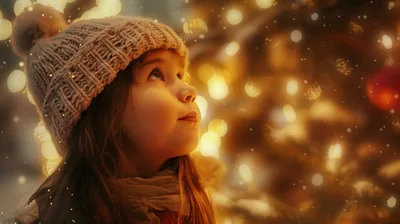 Young Girl Gazing At Christmas Tree Lights
