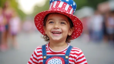 Happy Toddler Wearing Patriotic American Flag Hat