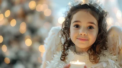 Little Girl Dressed As An Angel Holding A Candle