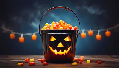 Jack-O-Lantern Candy Bucket Filled With Candy Corn
