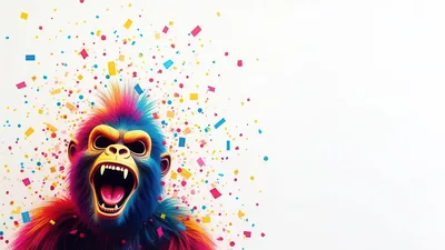 Colorful Artistic Monkey Roaring With Confetti Background