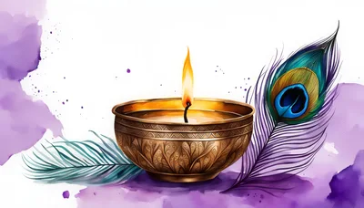 Diwali Diya Lamp With Peacock Feather And Watercolor Background