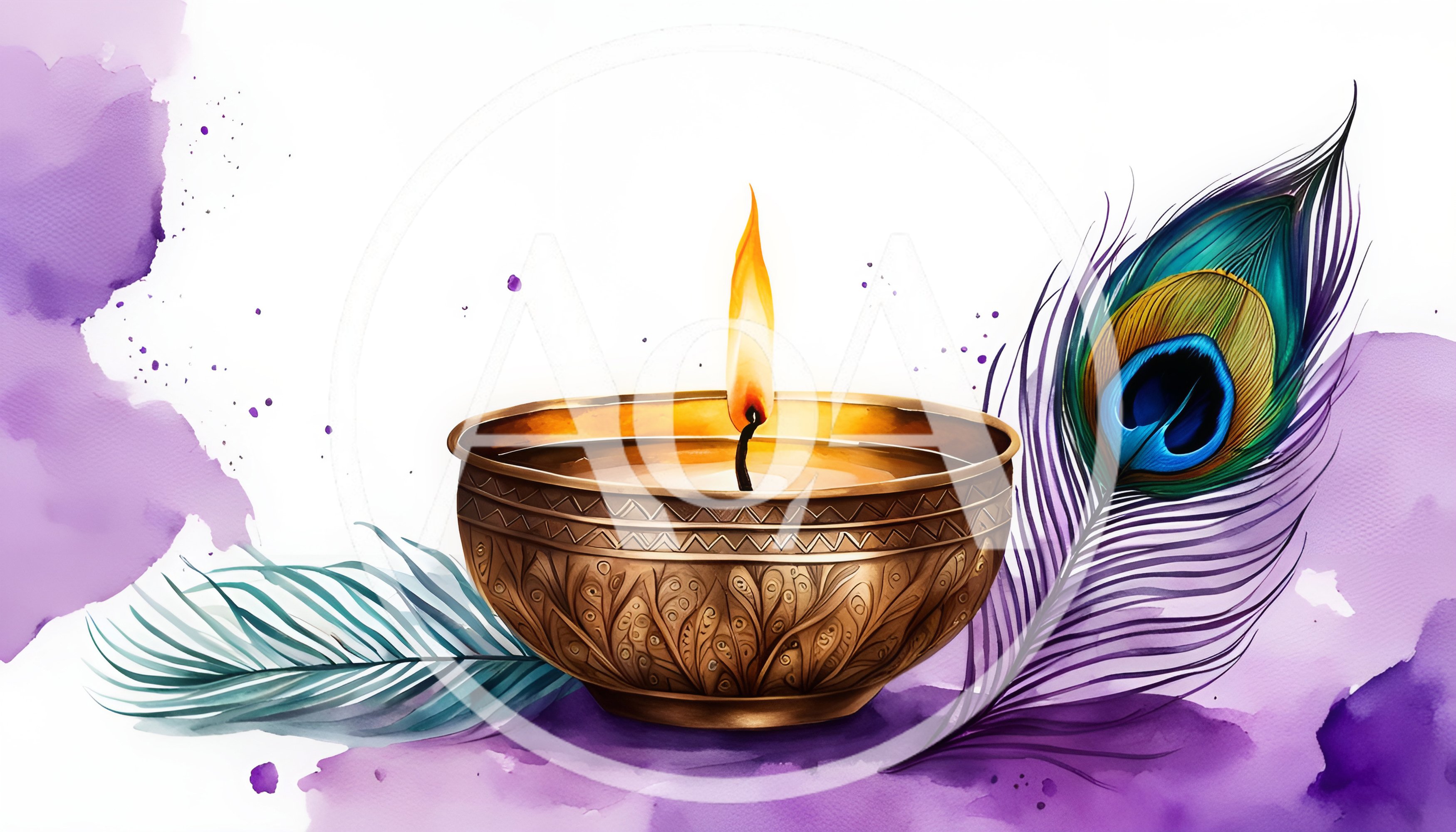 Diwali Diya Lamp With Peacock Feather And Watercolor Background