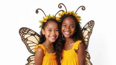 Two Young Girls Dressed As Butterflies With Sunflower Crowns
