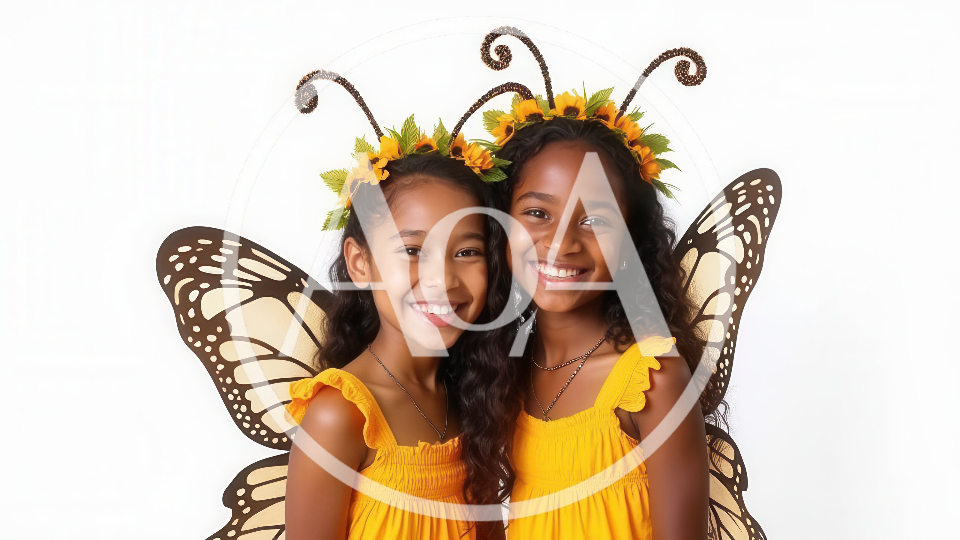 Two Young Girls Dressed As Butterflies With Sunflower Crowns