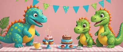 Three Cute Cartoon Dinosaurs Celebrating A Birthday Party