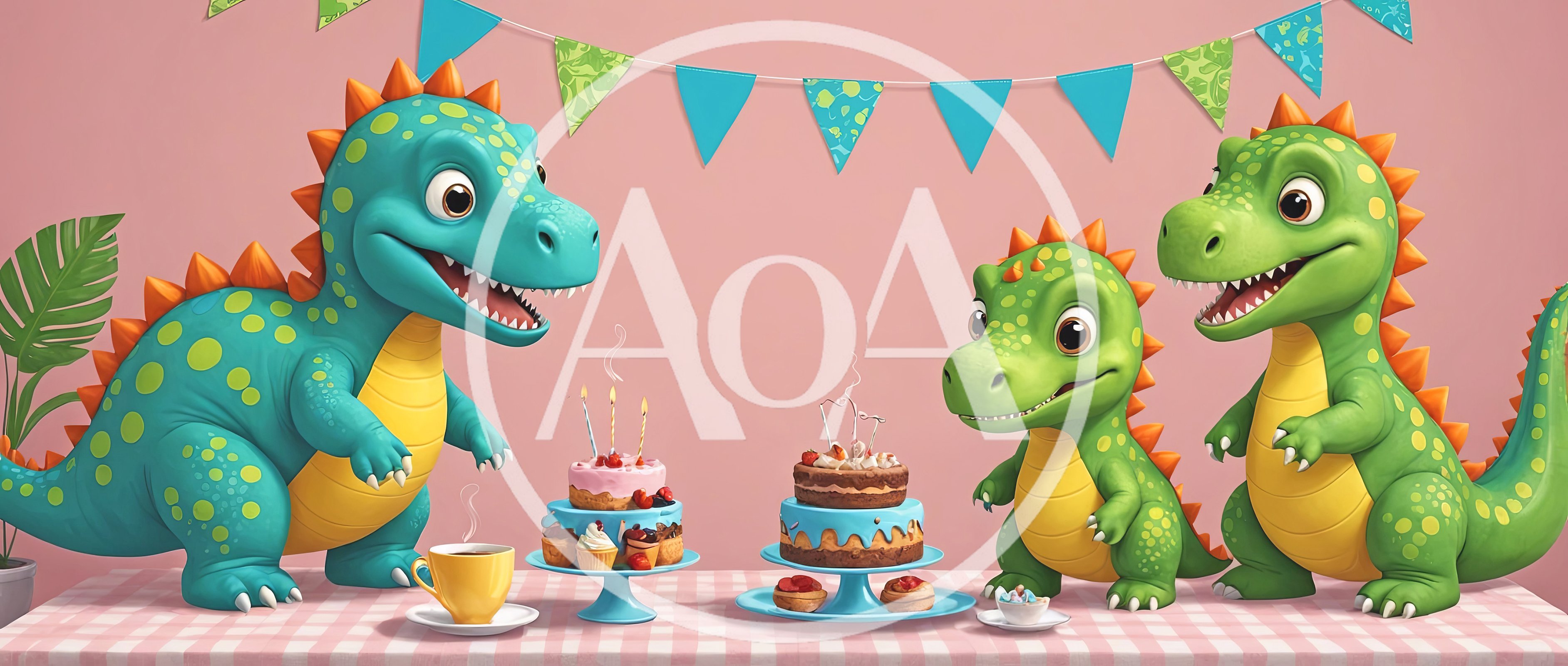 Three Cute Cartoon Dinosaurs Celebrating A Birthday Party