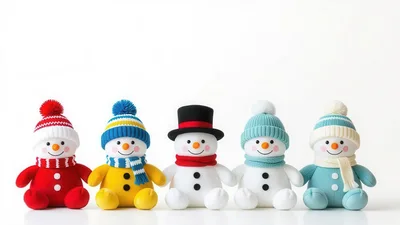 Five Cute Snowman Plush Toys In A Row