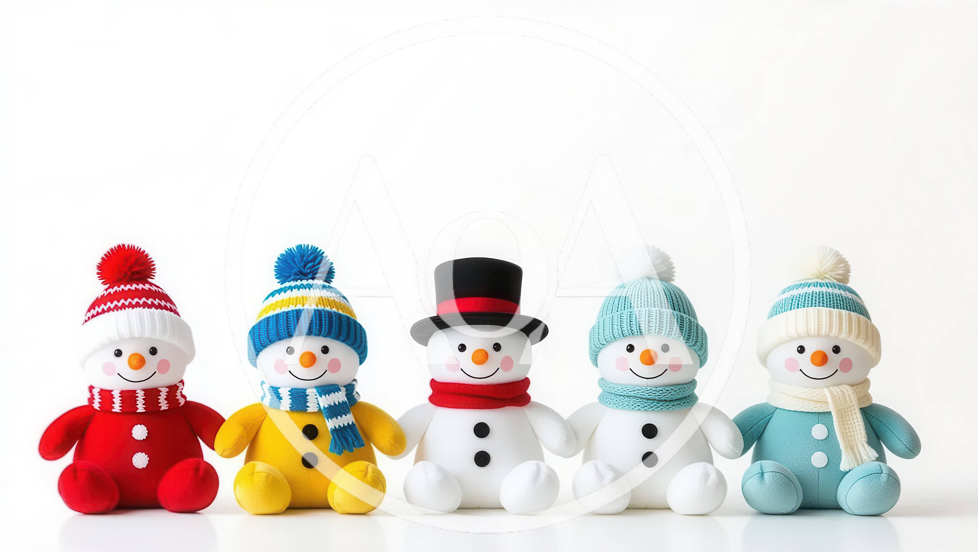 Five Cute Snowman Plush Toys In A Row