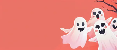 Cute Cartoon Ghosts Floating On Orange Background