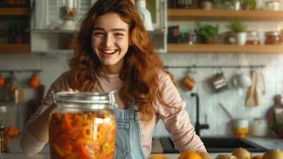 Young Woman Preparing Homemade Pickled Vegetables In Kitchen
