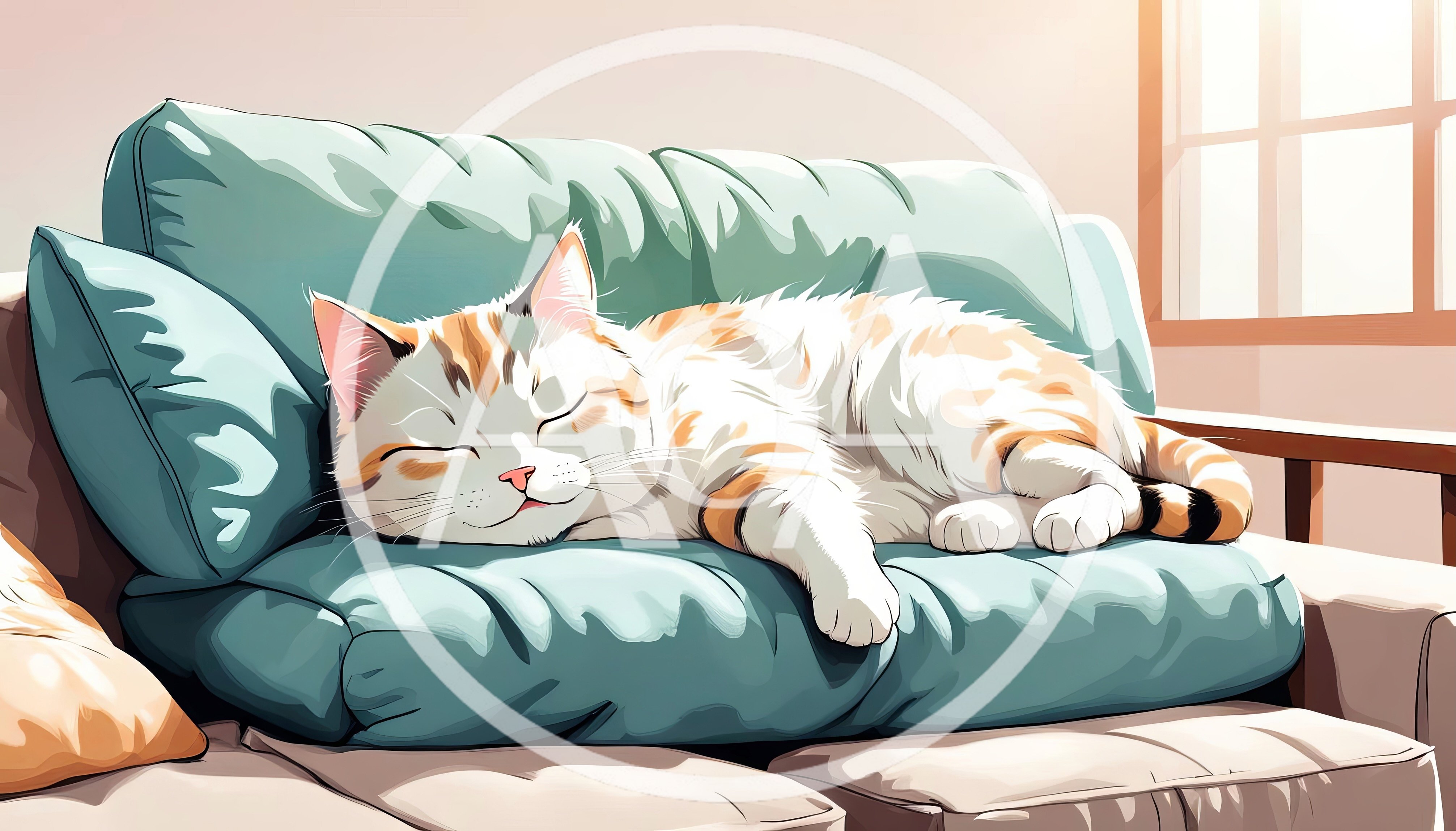 Calico Cat Sleeping Peacefully On A Teal Sofa