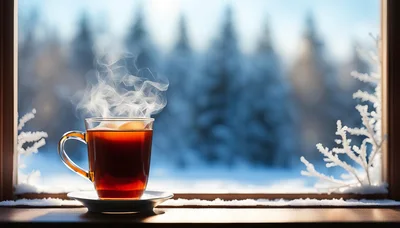 Steaming Cup Of Tea On A Snowy Window Sill