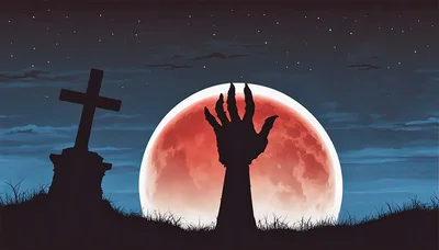 Zombie Hand Rising From Grave Under Blood Moon