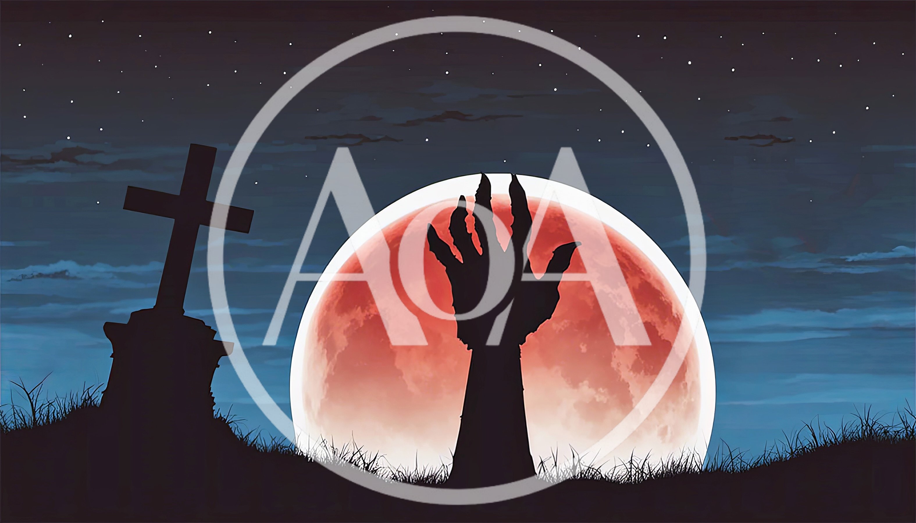 Zombie Hand Rising From Grave Under Blood Moon