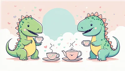 Two Cute Dinosaurs Having A Tea Party