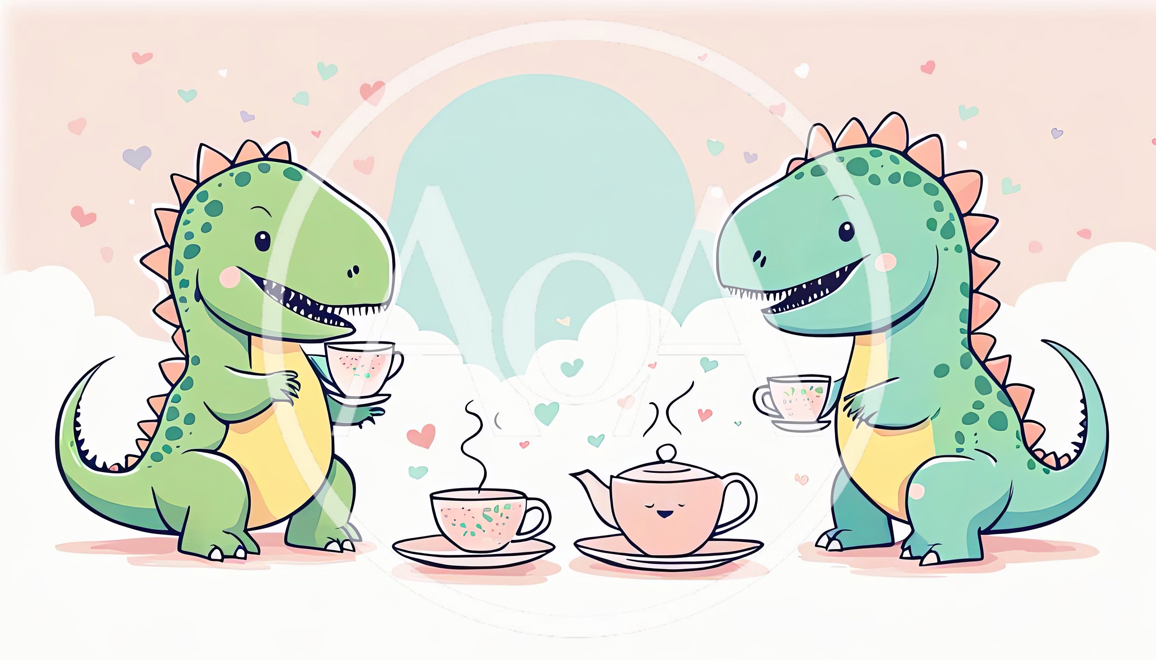 Two Cute Dinosaurs Having A Tea Party
