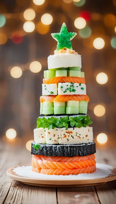 Sushi Christmas Tree Appetizer On Wooden Platter