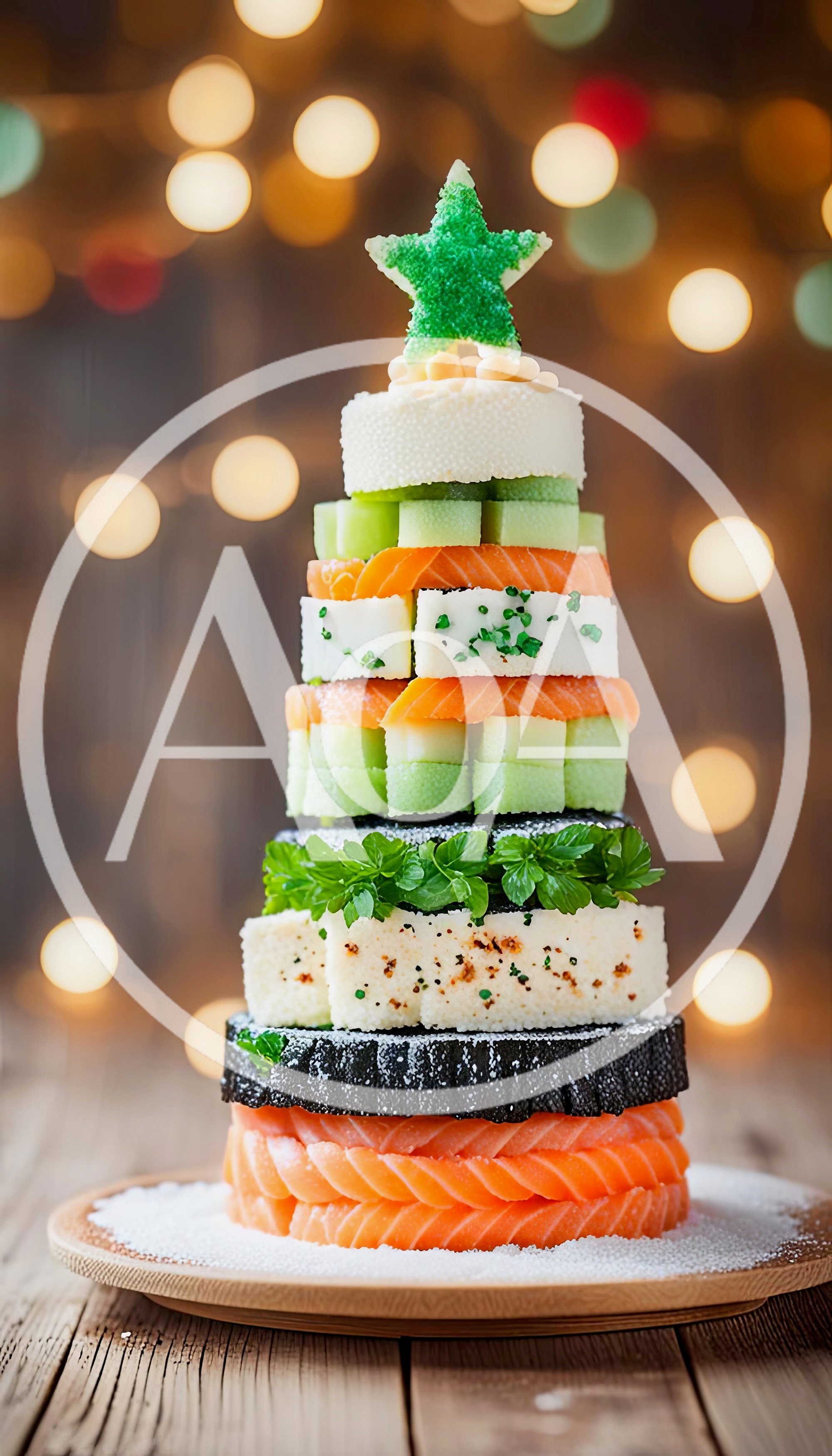 Sushi Christmas Tree Appetizer On Wooden Platter