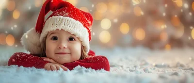 Toddler Wearing Santa Hat Lying In Snow