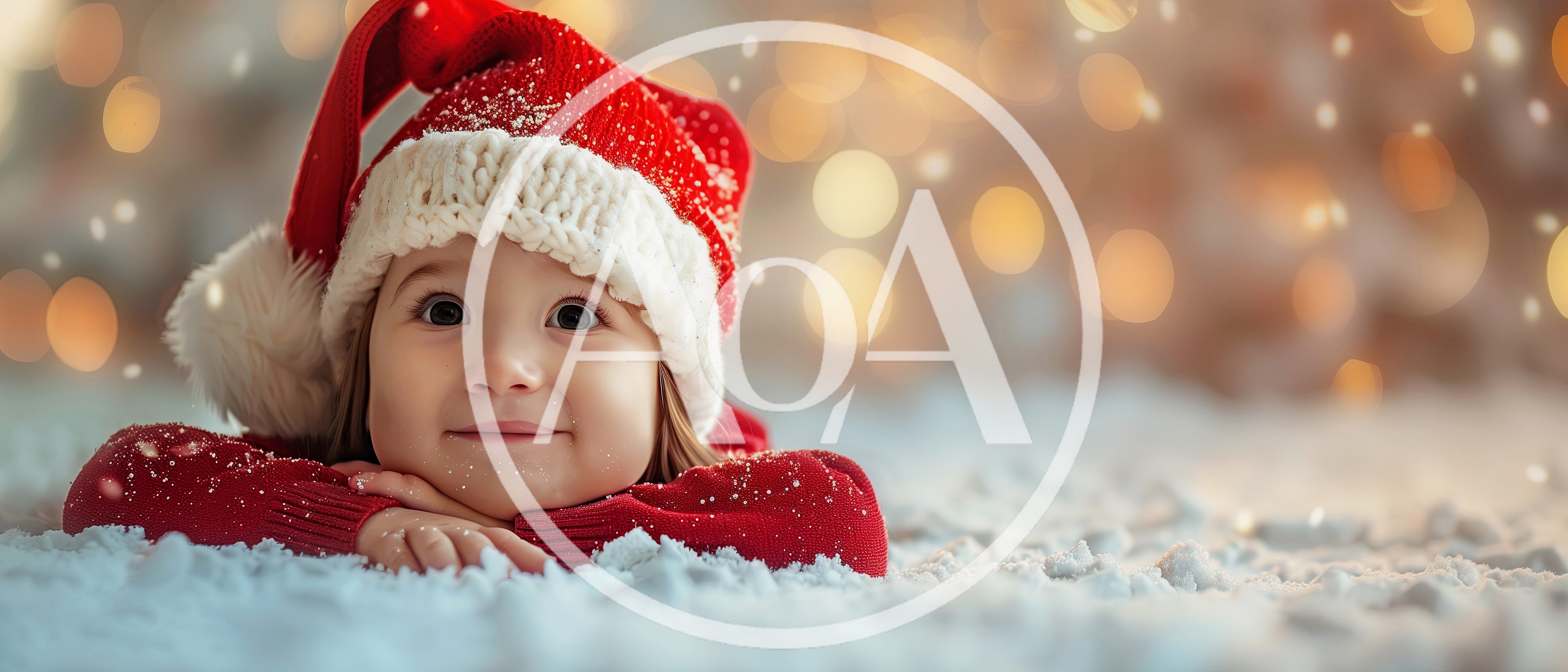 Toddler Wearing Santa Hat Lying In Snow