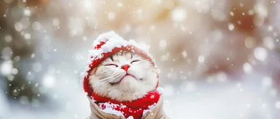 Cute Cat Wearing Winter Hat And Scarf In Snow