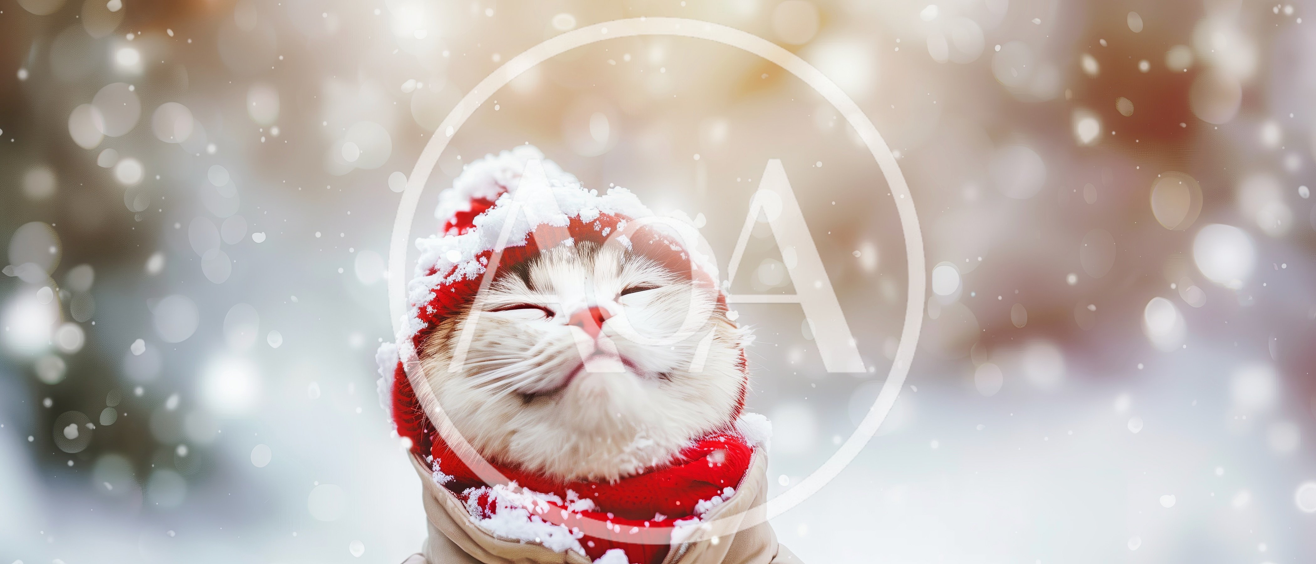 Cute Cat Wearing Winter Hat And Scarf In Snow