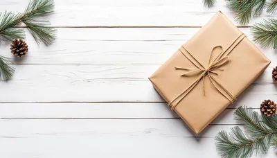 Christmas Gift Wrapped in Brown Paper on White Wood