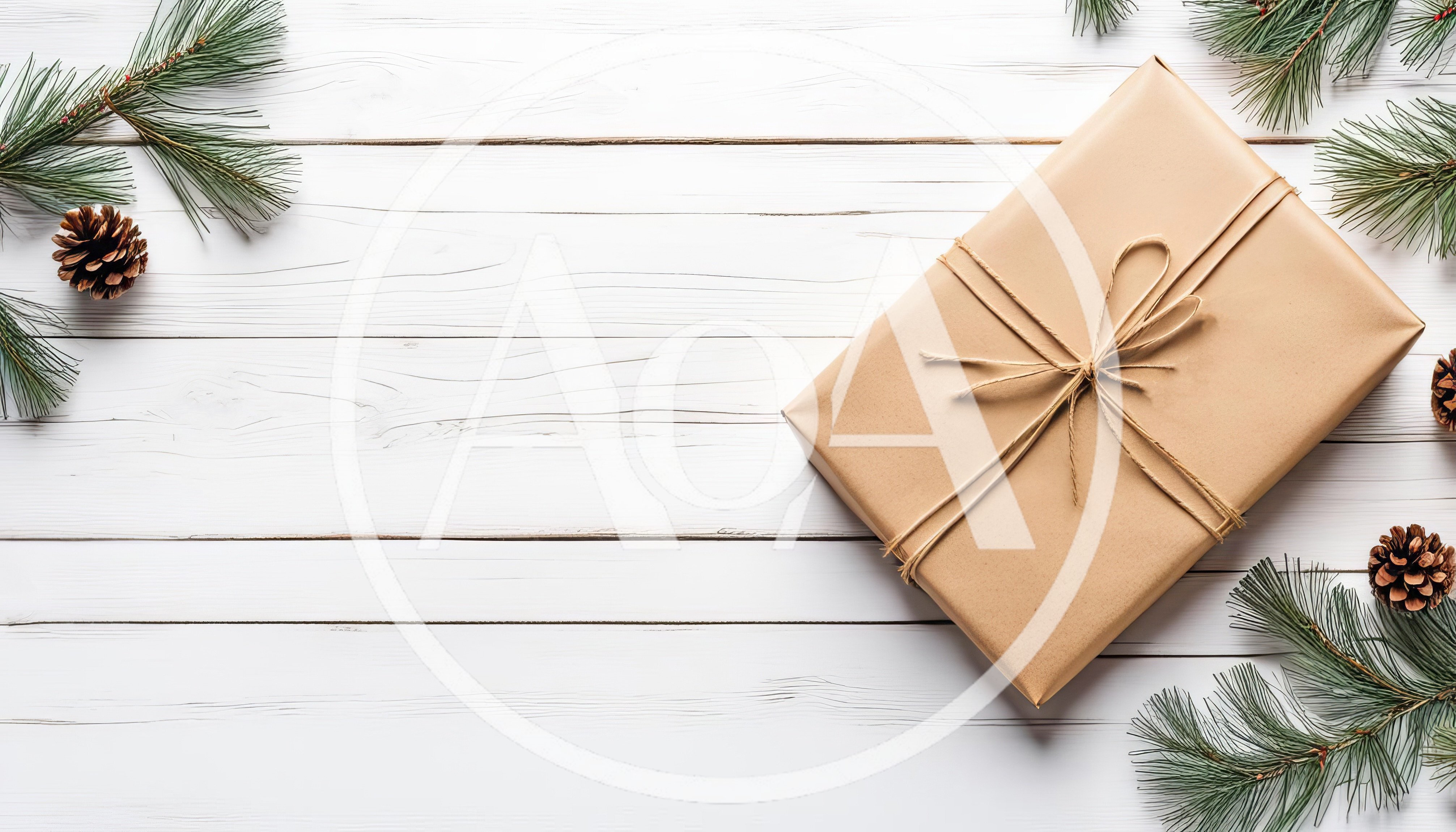 Christmas Gift Wrapped in Brown Paper on White Wood