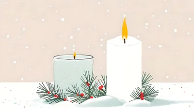 Two Lit Christmas Candles With Pine Branches In Snow