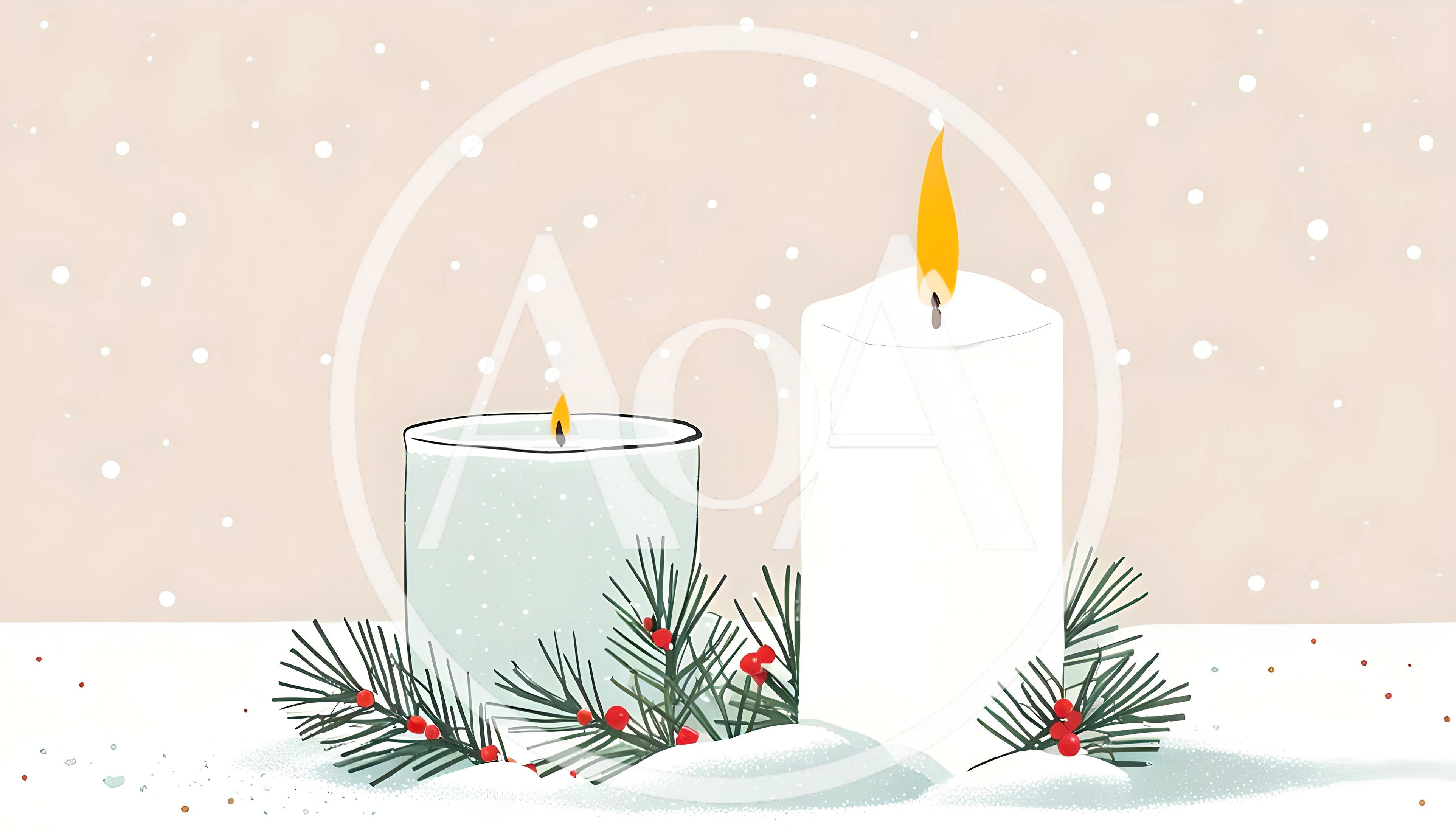 Two Lit Christmas Candles With Pine Branches In Snow