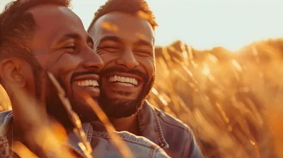 Two Happy Men Laughing Together In A Golden Field