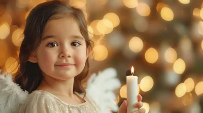 Little Girl Dressed As An Angel Holding A Candle