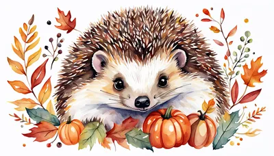 Watercolor Illustration Of A Cute Hedgehog With Autumn Pumpkins
