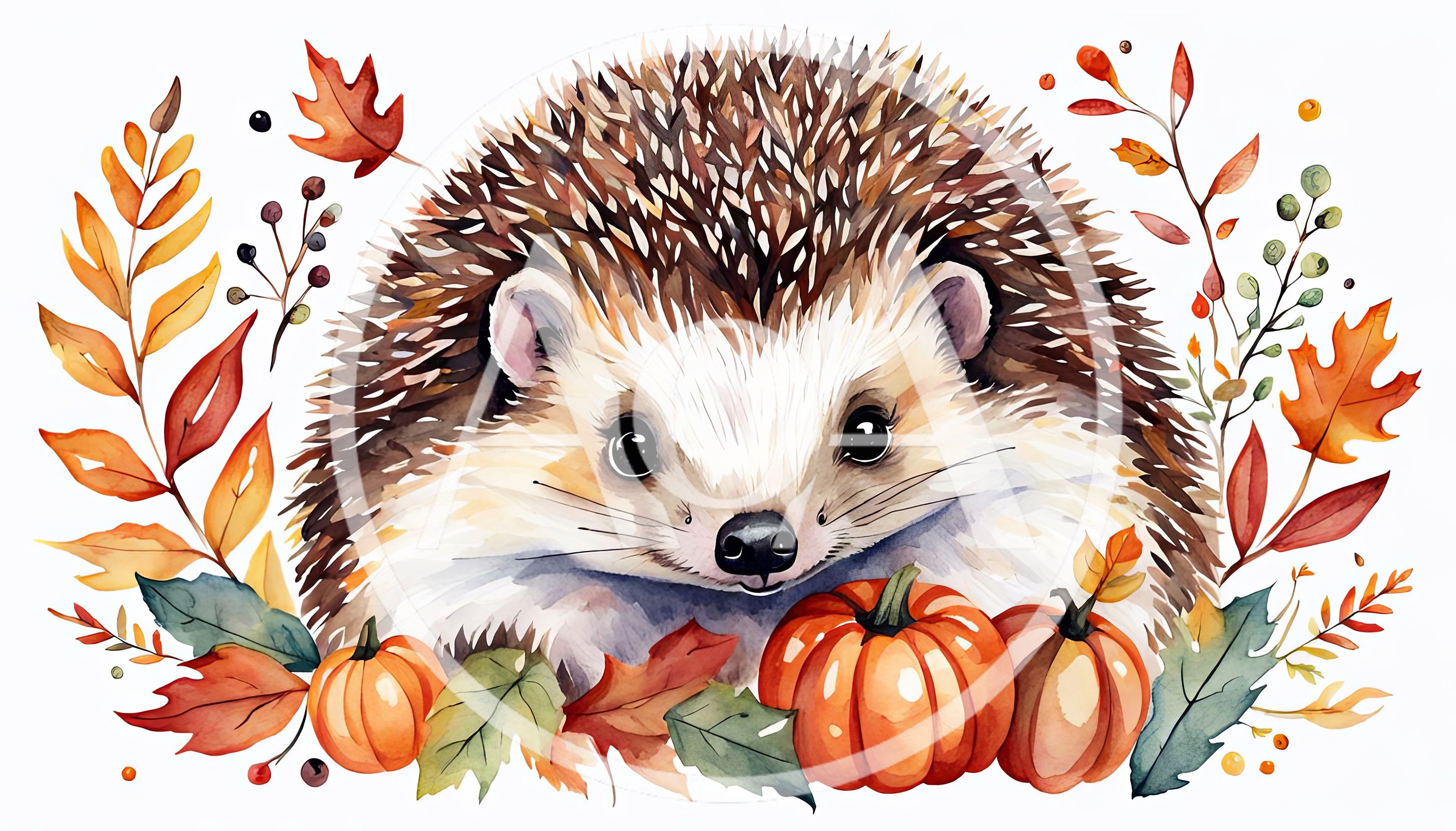 Watercolor Illustration Of A Cute Hedgehog With Autumn Pumpkins