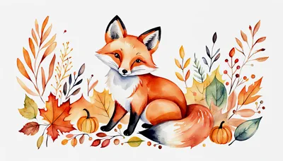 Watercolor Illustration Of A Cute Fox In Autumn Leaves