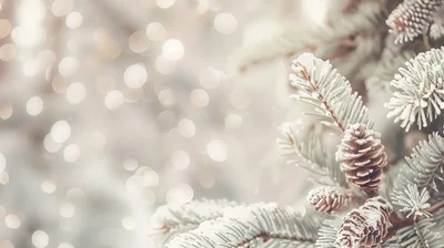 Frosted Pine Branches With Cones In Winter