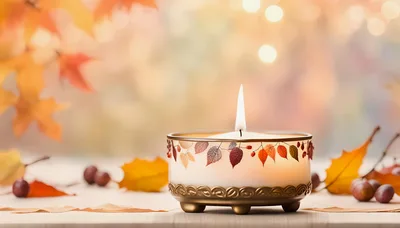 Lit Autumn Candle With Fall Leaves And Berries