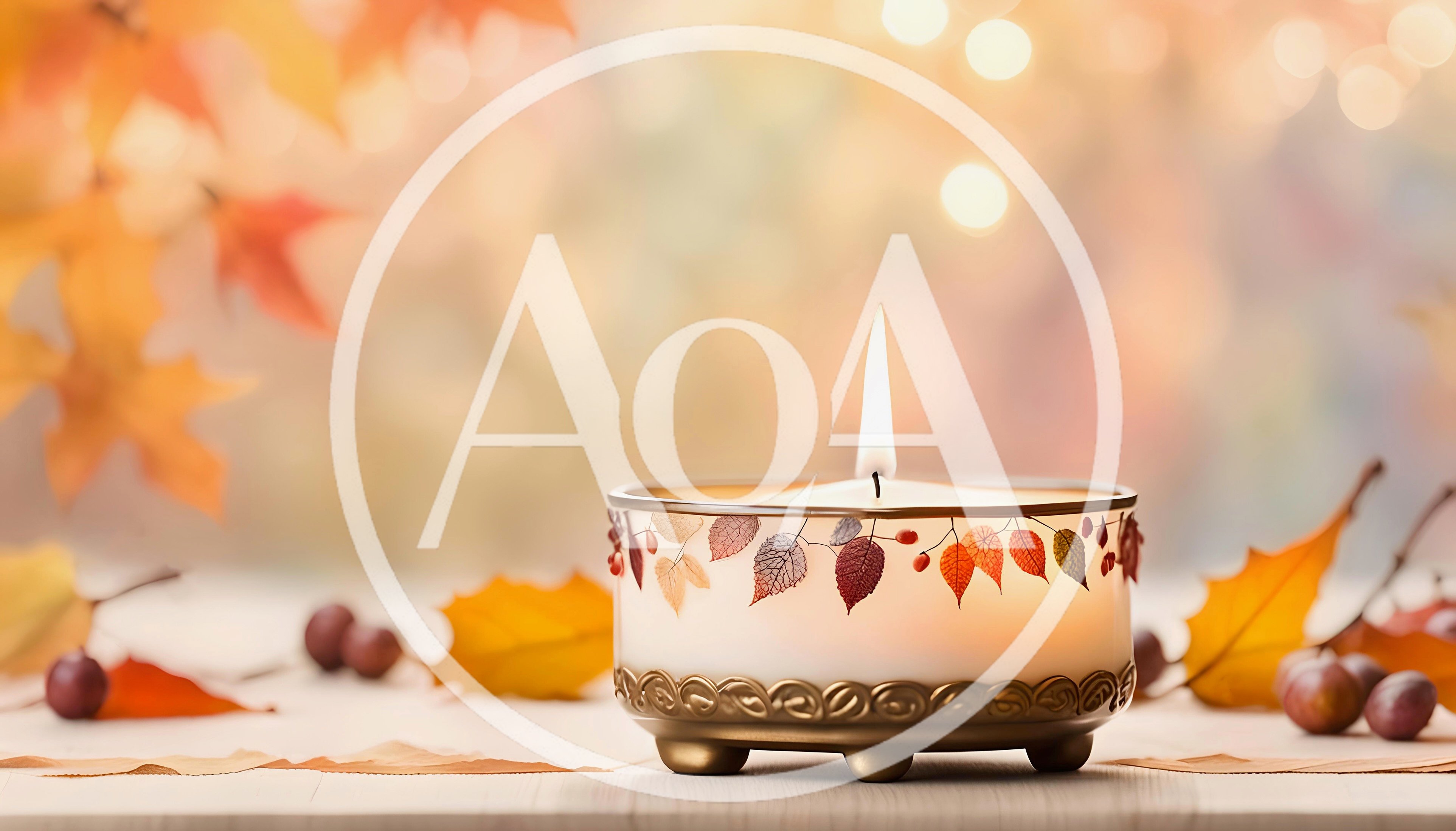 Lit Autumn Candle With Fall Leaves And Berries