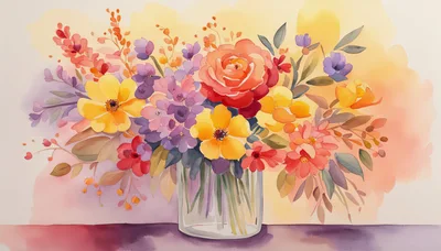 Watercolor Painting Of A Vibrant Floral Bouquet In A Vase