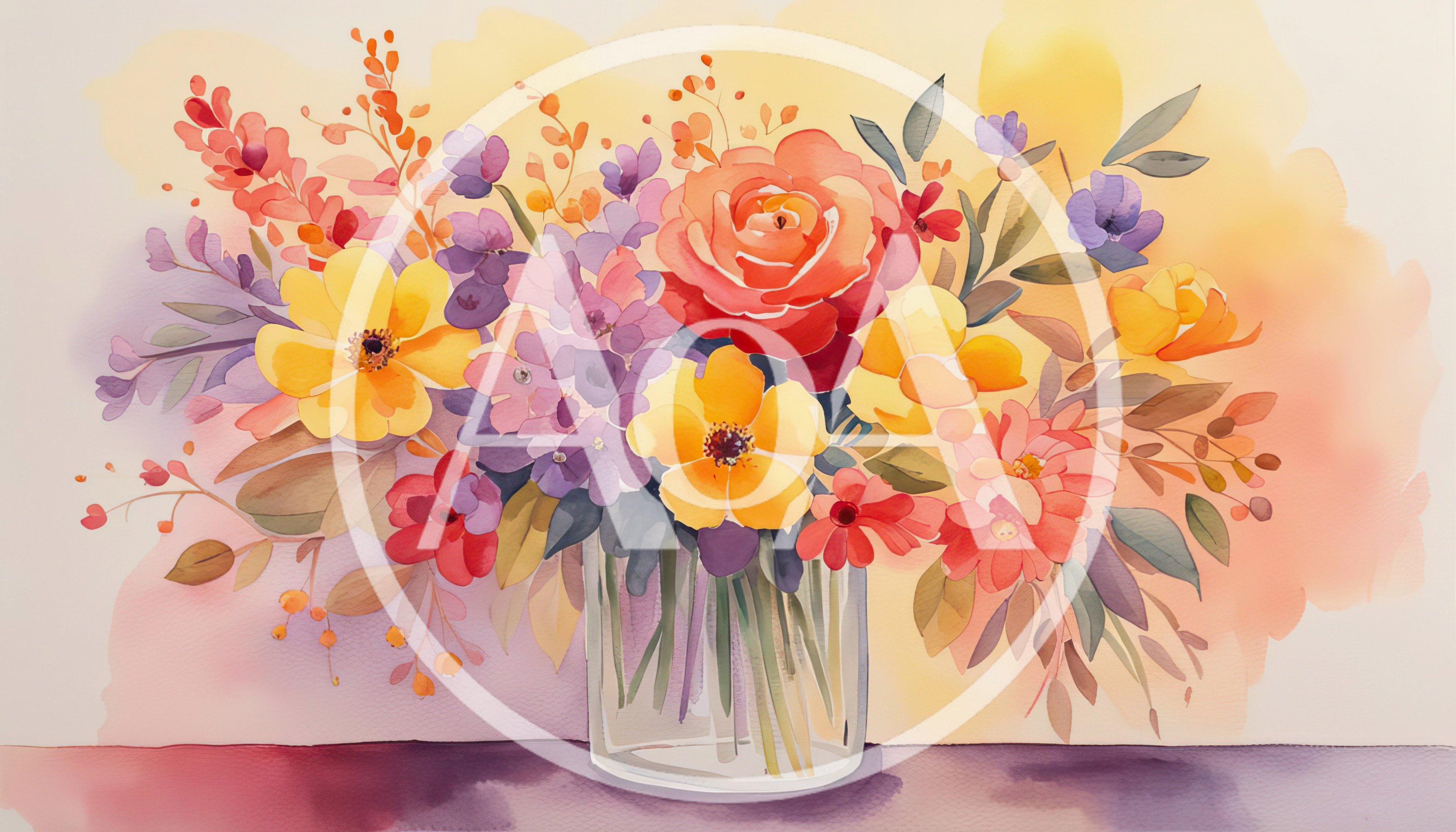 Watercolor Painting Of A Vibrant Floral Bouquet In A Vase