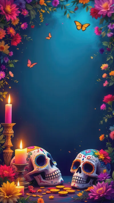 Dia De Los Muertos Sugar Skulls With Candles And Flowers