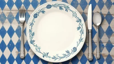 Empty Plate With Cutlery On Bavarian Pattern Background