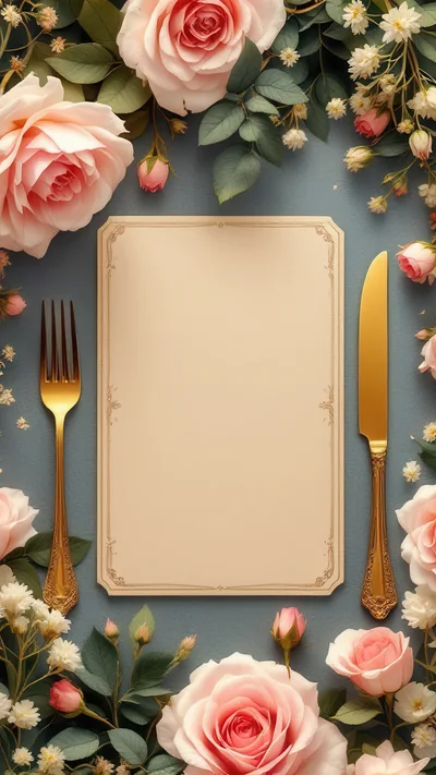 Blank Menu Card With Gold Cutlery And Roses