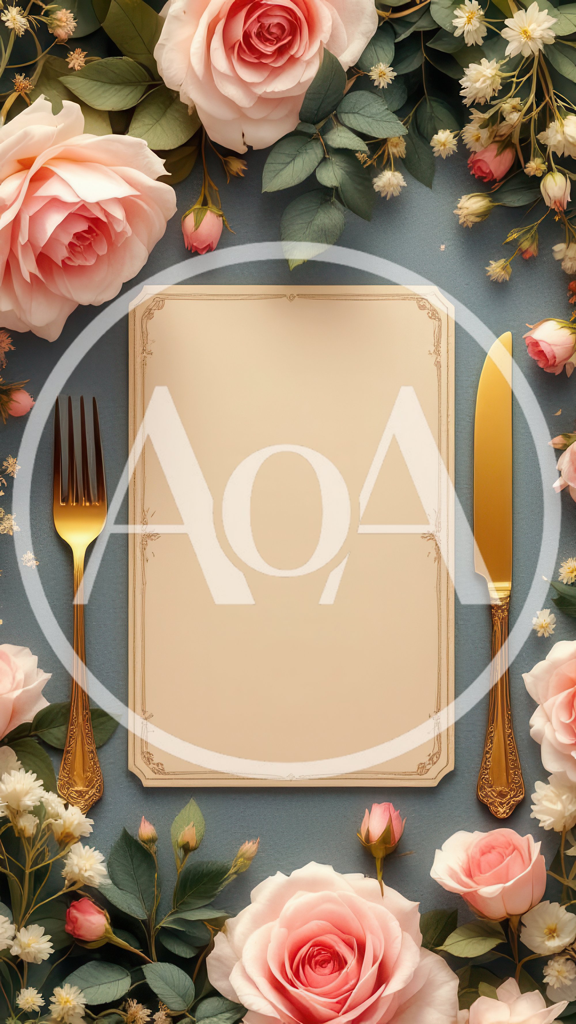 Blank Menu Card With Gold Cutlery And Roses