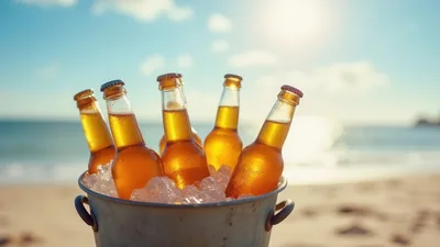 Cold Beer Bottles In Ice Bucket On Beach